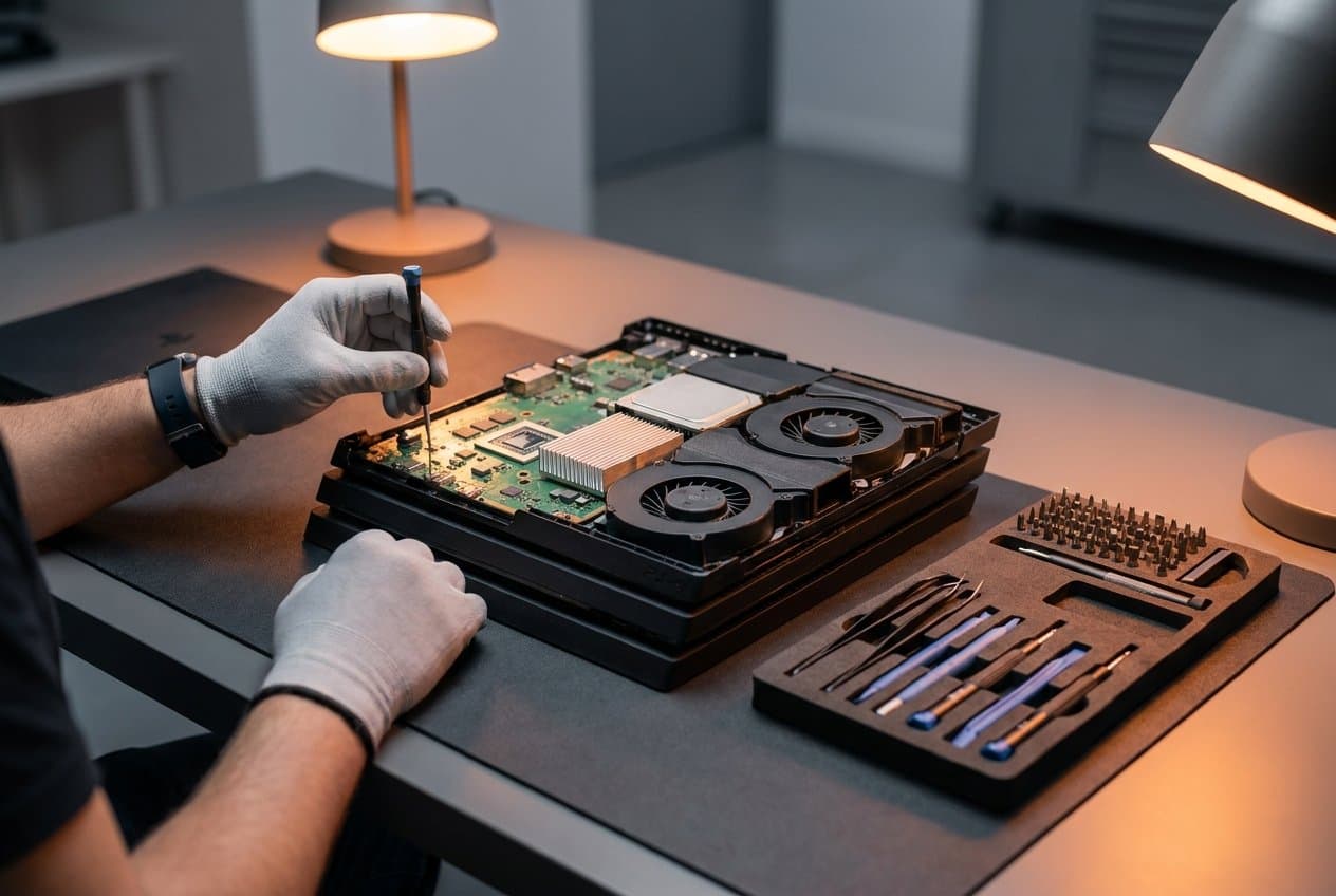 A game console opened for repair on the bench