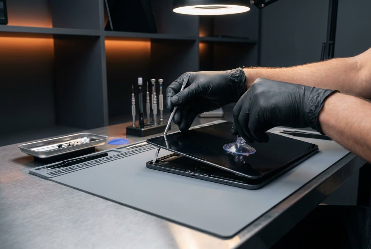 Technician removing an iPad screen with a suction tool at the bench