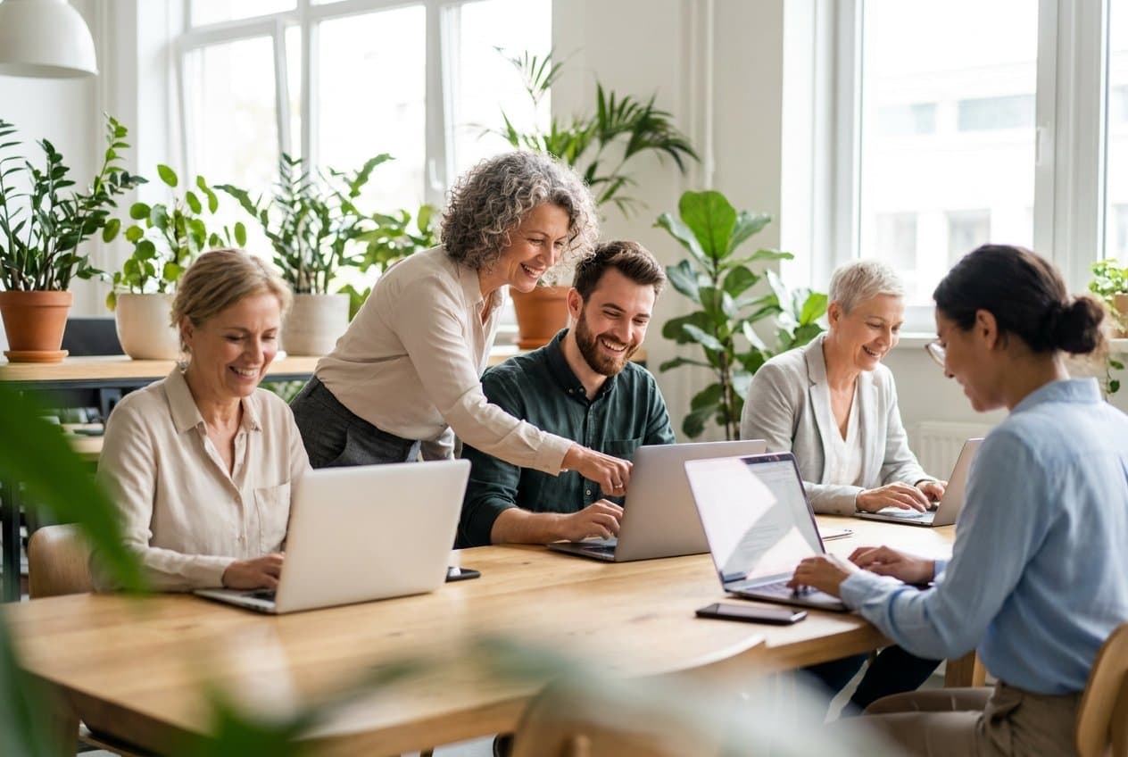 Small-business staff learning everyday tech skills together