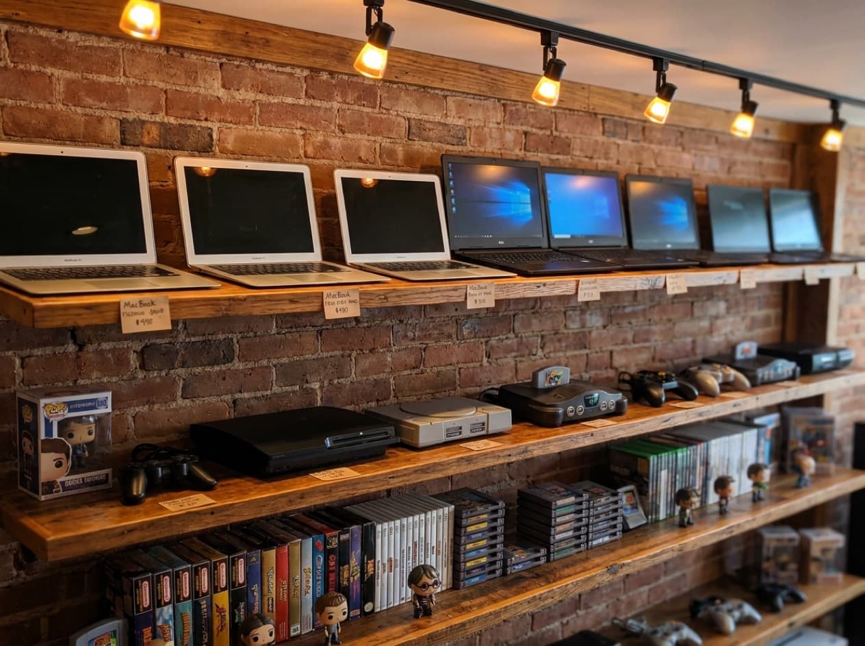 Pre-owned laptops, game consoles, games and collectibles on display at MacTech