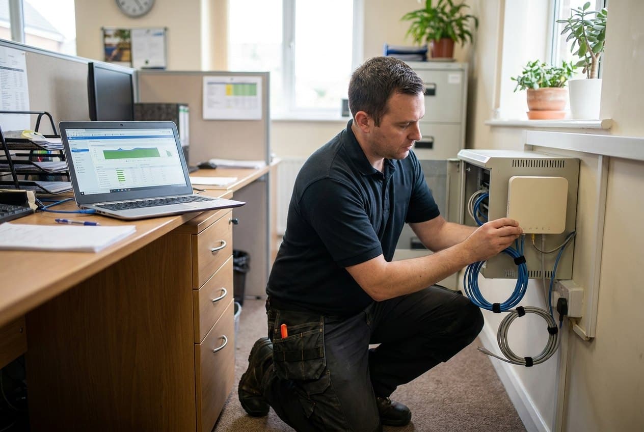 A technician installing network equipment in a small office