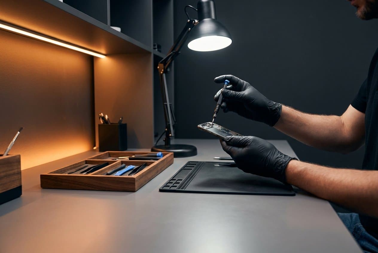 Technician repairing an iPhone with precision tools