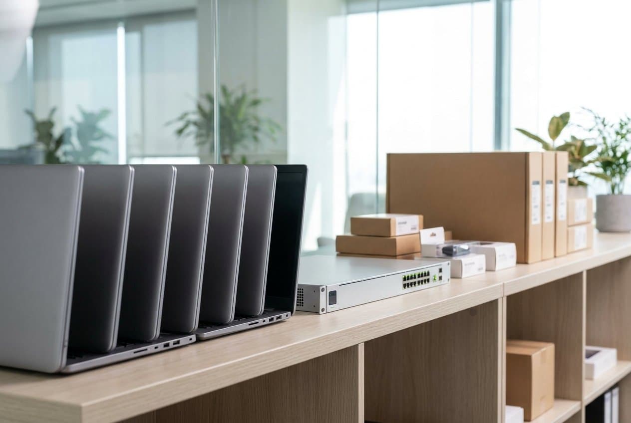 New business IT hardware organized and ready for deployment