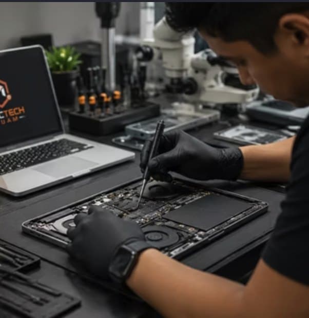 Close-up of board-level diagnostics at the MacTech bench