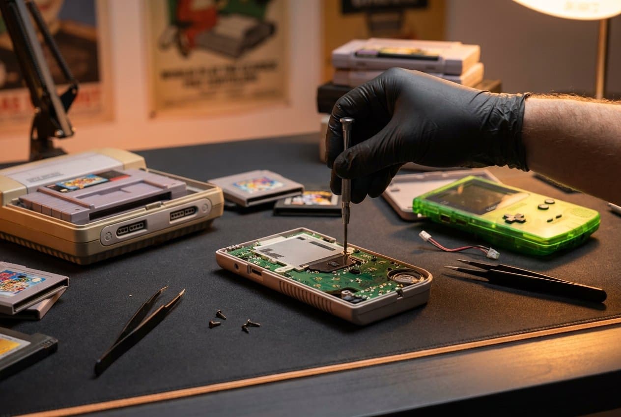 Restoring a classic handheld game console and retro cartridges at the bench