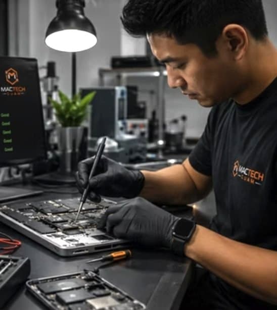 Technician repairing a MacBook at the MacTech bench