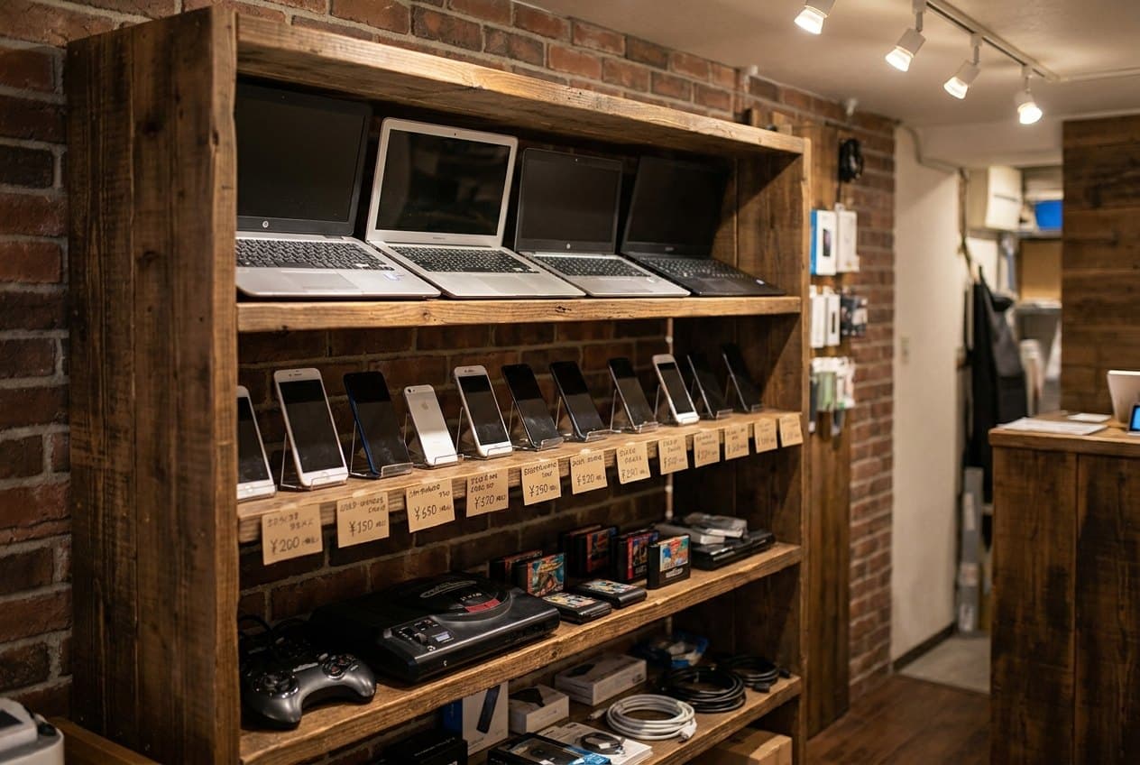 Certified pre-owned laptops, phones and a console on display at MacTech